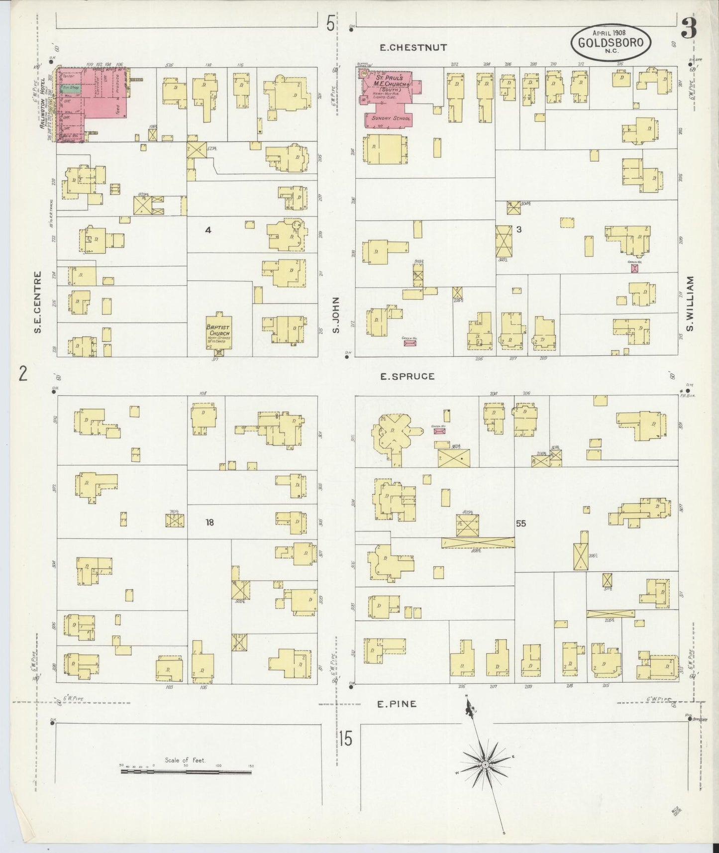 Sanborn Fire Insurance Map from Goldsboro, Wayne County, North Carolina (1908), Sheet #0003 - Complete Map Set gallery image, historic Sanborn map, vintage wall art, North Carolina North Carolina