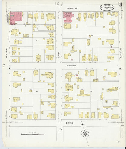 Sanborn Fire Insurance Map from Goldsboro, Wayne County, North Carolina (1908), Sheet #0003 - Complete Map Set gallery image, historic Sanborn map, vintage wall art, North Carolina North Carolina