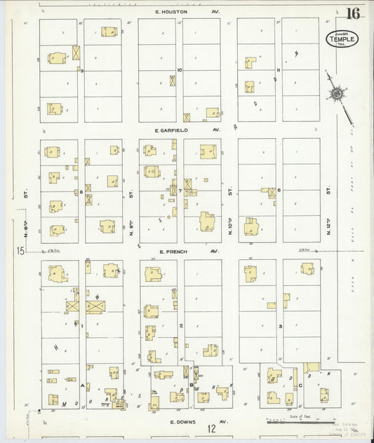 Sanborn Fire Insurance Map from Temple, Bell County, Texas (1910), Sheet #0016 - Historic Sanborn Fire Insurance Map Print, vintage old map wall art, antique decor, genealogy gift, Texas Texas map