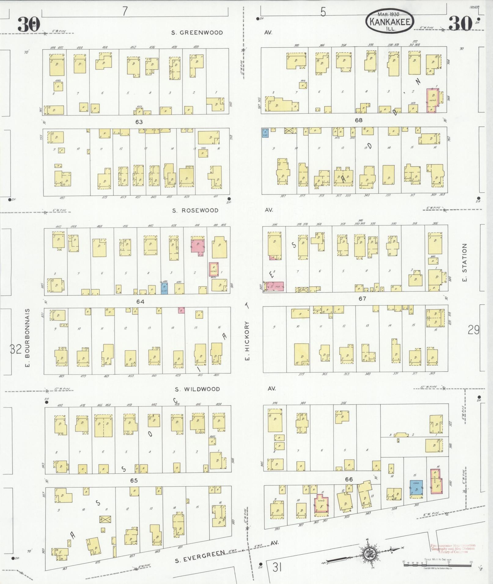 Sanborn Fire Insurance Map from Kankakee, Kankakee County, Illinois (1930), Sheet #0030 - Historic Sanborn Fire Insurance Map Print, vintage old map wall art, antique decor, genealogy gift, Illinois Illinois map