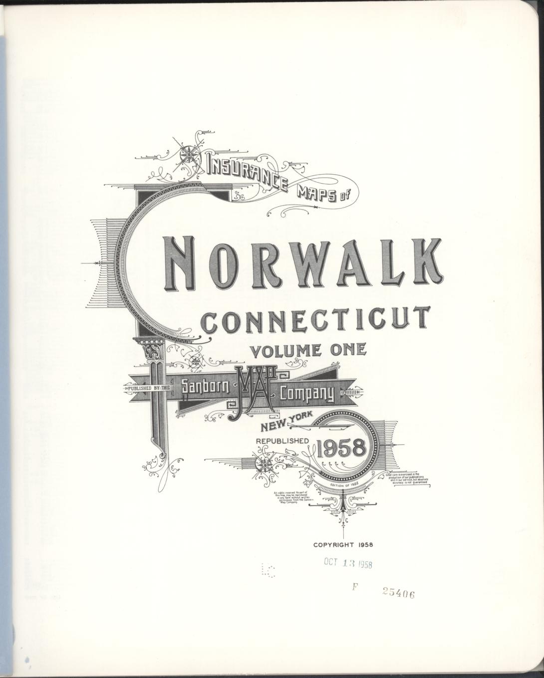 Sanborn Fire Insurance Map from Norwalk, Fairfield County, Connecticut (1958), Sheet #0001 - Historic Sanborn Fire Insurance Map Print, vintage old map wall art, antique decor, genealogy gift, Connecticut Connecticut map