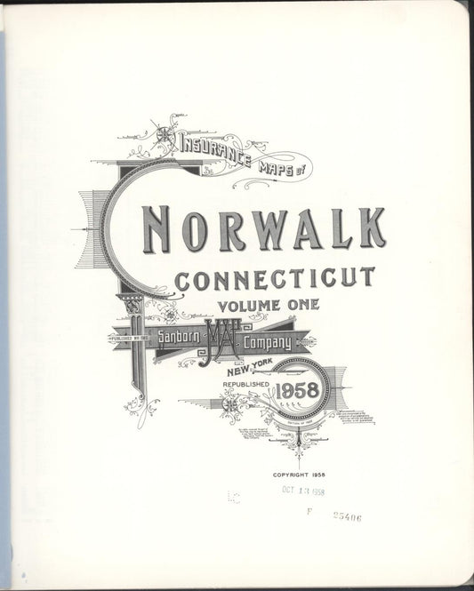 Sanborn Fire Insurance Map from Norwalk, Fairfield County, Connecticut (1958), Sheet #0001 - Historic Sanborn Fire Insurance Map Print, vintage old map wall art, antique decor, genealogy gift, Connecticut Connecticut map