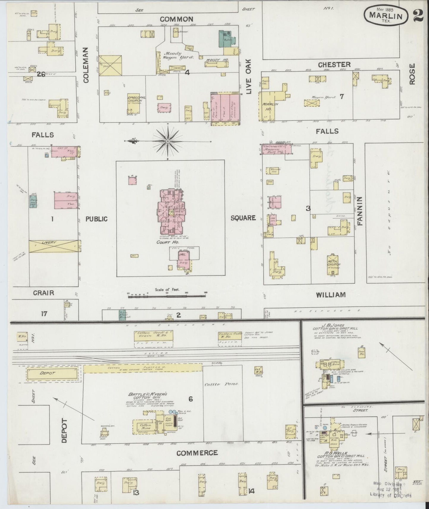 Sanborn Fire Insurance Map from Marlin, Falls County, Texas (1889), Sheet #0002 - Historic Sanborn Fire Insurance Map Print, vintage old map wall art, antique decor, genealogy gift, Texas Texas map