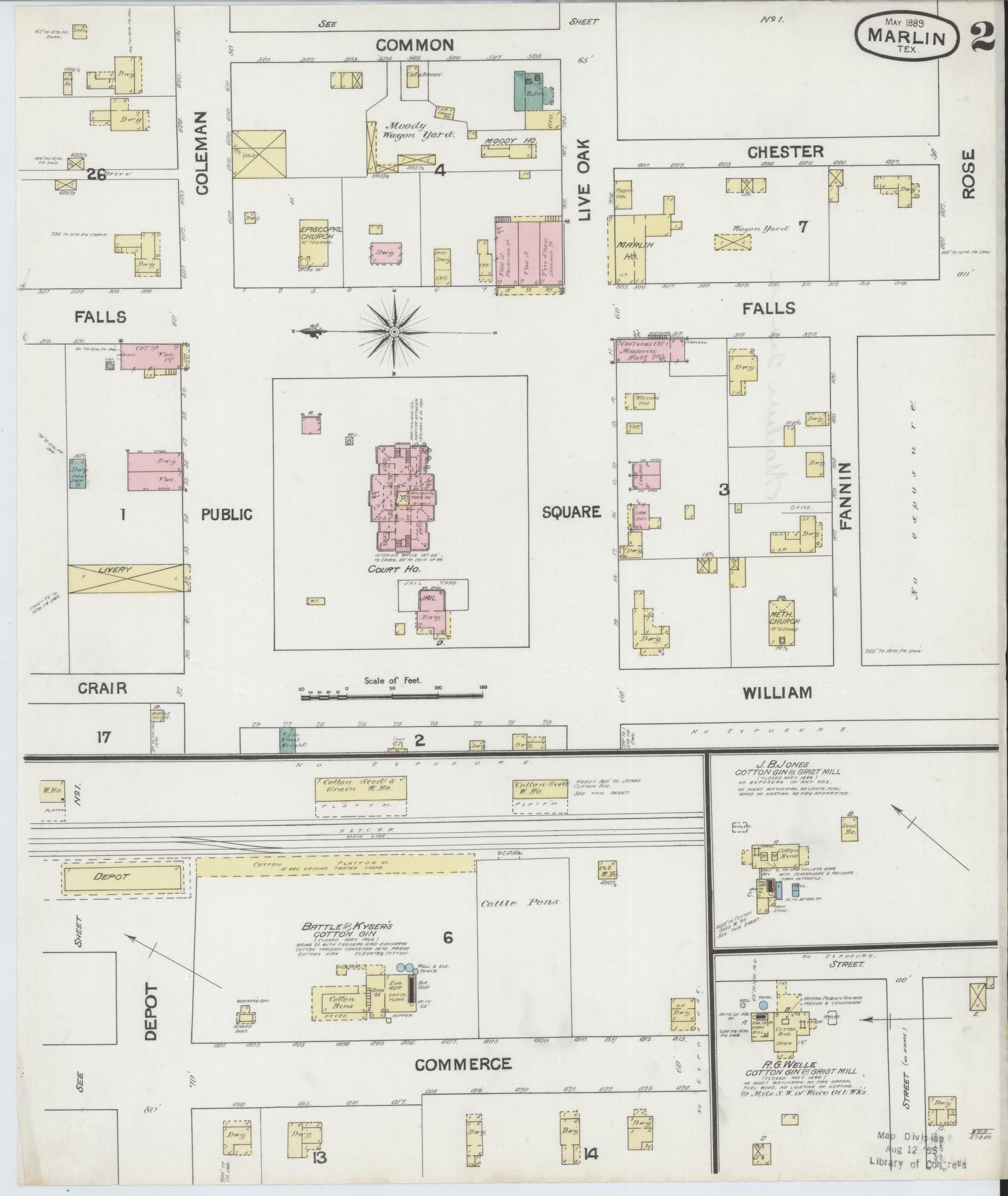 Sanborn Fire Insurance Map from Marlin, Falls County, Texas (1889), Sheet #0002 - Historic Sanborn Fire Insurance Map Print, vintage old map wall art, antique decor, genealogy gift, Texas Texas map