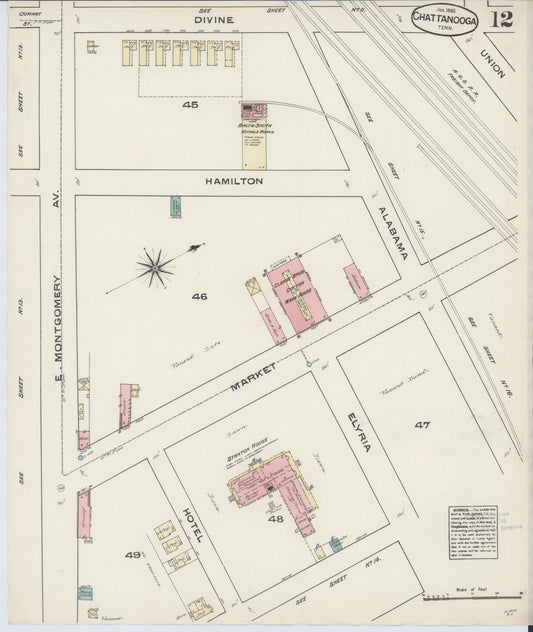 Sanborn Fire Insurance Map from Chattanooga, Hamilton County, Tennessee (1885), Sheet #0012 - Historic Sanborn Fire Insurance Map Print, vintage old map wall art, antique decor, genealogy gift, Tennessee Tennessee map
