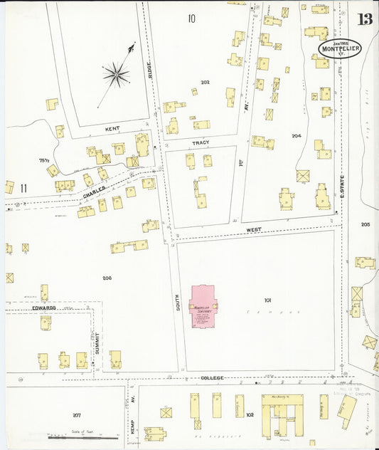 Sanborn Fire Insurance Map from Montpelier, Washington County, Vermont (1905), Sheet #0013 - Historic Sanborn Fire Insurance Map Print, vintage old map wall art, antique decor, genealogy gift, Vermont Vermont map