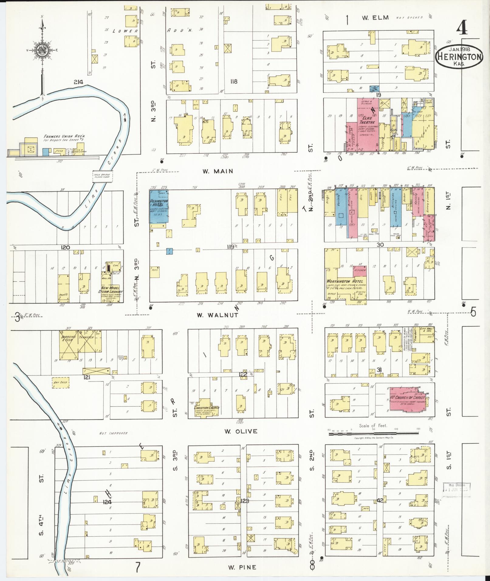 Sanborn Fire Insurance Map from Herington, Dickinson County, Kansas (1918), Sheet #0004 - Complete Map Set gallery image, historic Sanborn map, vintage wall art, Kansas Kansas