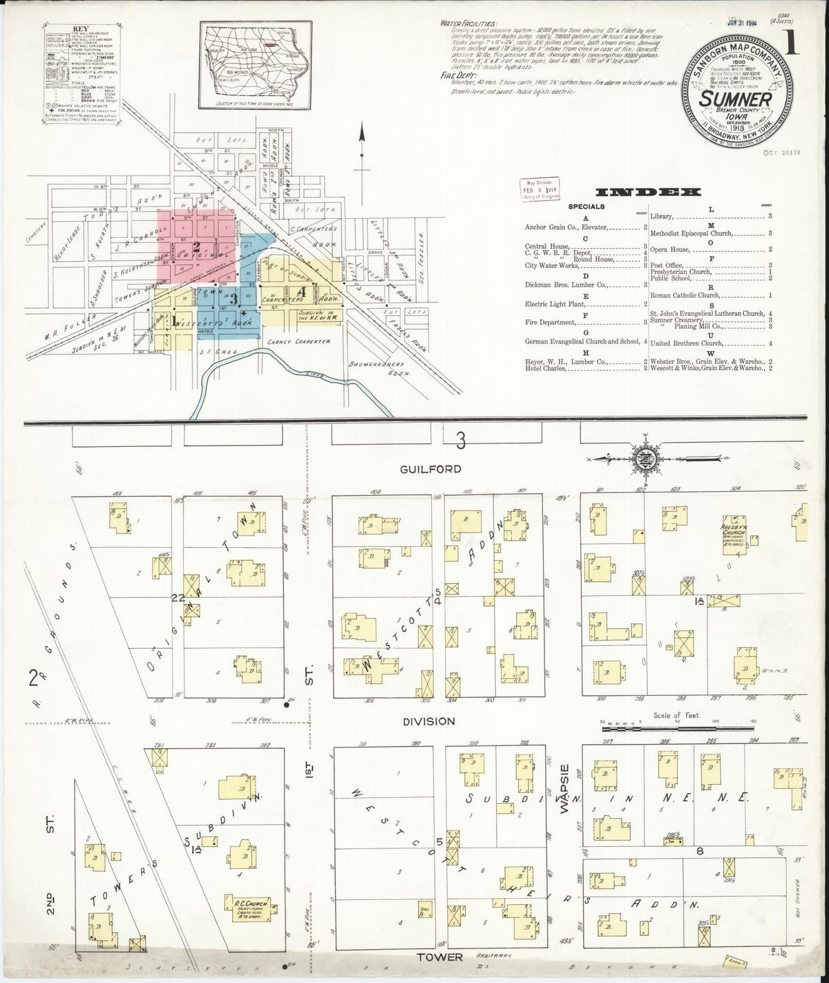 Sanborn Fire Insurance Map from Sumner, Bremer County, Iowa (1913), Sheet #0001 - Historic Sanborn Fire Insurance Map Print, vintage old map wall art