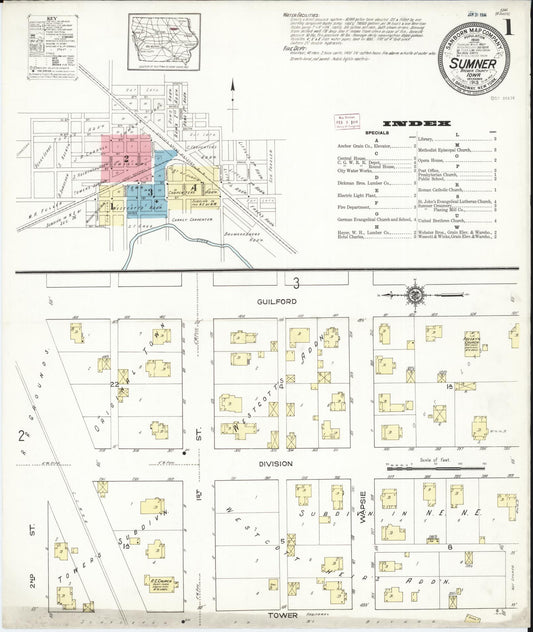 Sanborn Fire Insurance Map from Sumner, Bremer County, Iowa (1913), Sheet #0001 - Historic Sanborn Fire Insurance Map Print, vintage old map wall art