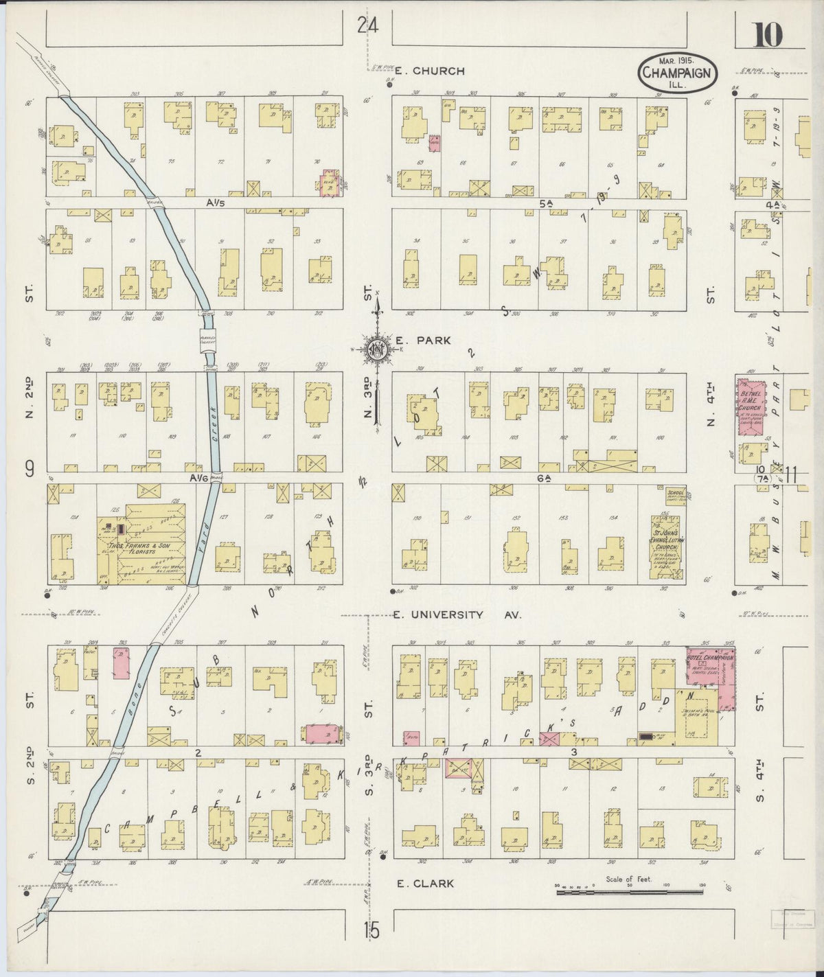 Sanborn Fire Insurance Map from Champaign, Champaign County, Illinois (1915), Sheet #0010 - Complete Map Set gallery image, historic Sanborn map, vintage wall art, Illinois Illinois