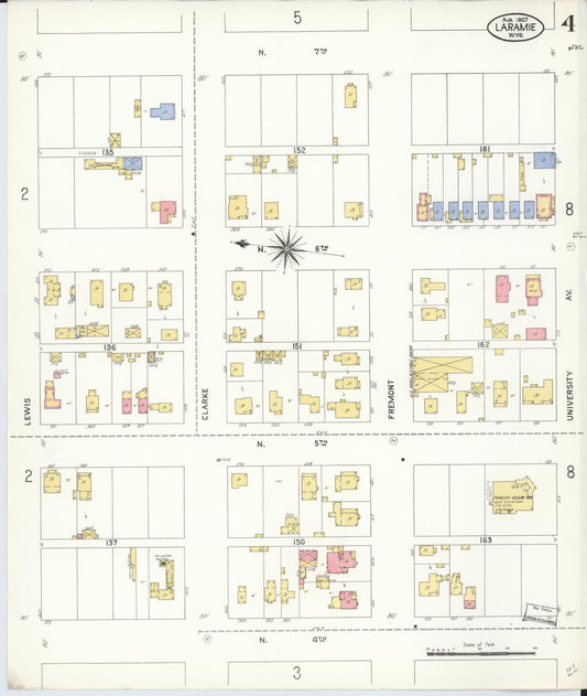 Sanborn Fire Insurance Map from Laramie, Albany County, Wyoming (1907), Sheet #0004 - Historic Sanborn Fire Insurance Map Print, vintage old map wall art, antique decor, genealogy gift, Wyoming Wyoming map