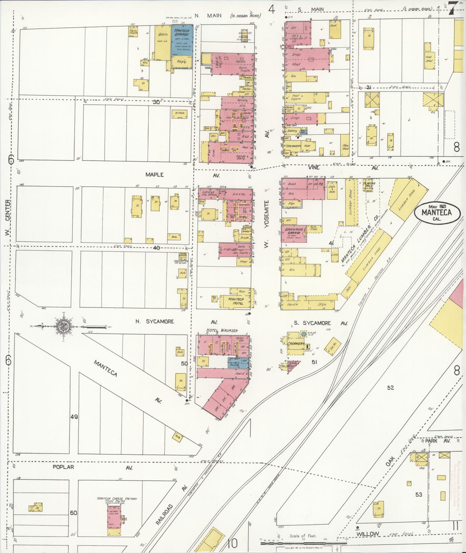 Sanborn Fire Insurance Map from Manteca, San Joaquin County, California (1921), Sheet #0007 - Historic Sanborn Fire Insurance Map Print, vintage old map wall art, antique decor, genealogy gift, California California map