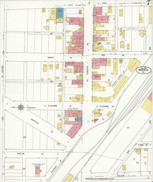 Sanborn Fire Insurance Map from Manteca, San Joaquin County, California (1921), Sheet #0007 - Historic Sanborn Fire Insurance Map Print, vintage old map wall art, antique decor, genealogy gift, California California map