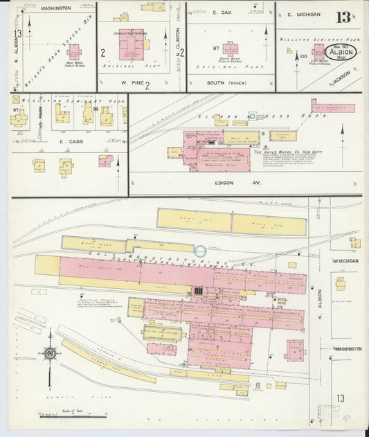 Sanborn Fire Insurance Map from Albion, Calhoun County, Michigan (1913), Sheet #0013 - Historic Sanborn Fire Insurance Map Print, vintage old map wall art, antique decor, genealogy gift, Michigan Michigan map
