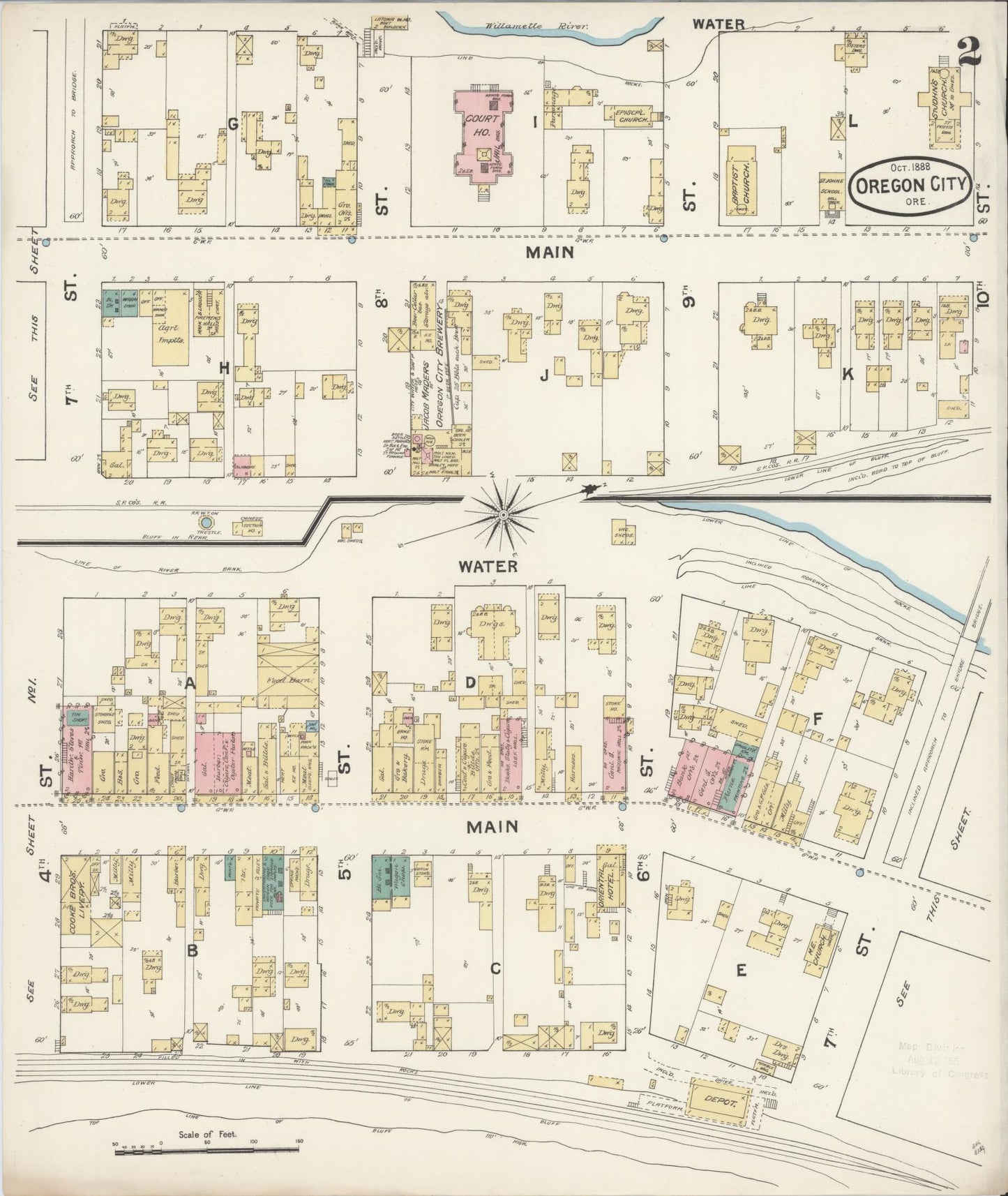 Sanborn Fire Insurance Map from Oregon City, Clackamas County, Oregon (1888), Sheet #0002 - Historic Sanborn Fire Insurance Map Print, vintage old map wall art, antique decor, genealogy gift, Oregon Oregon map