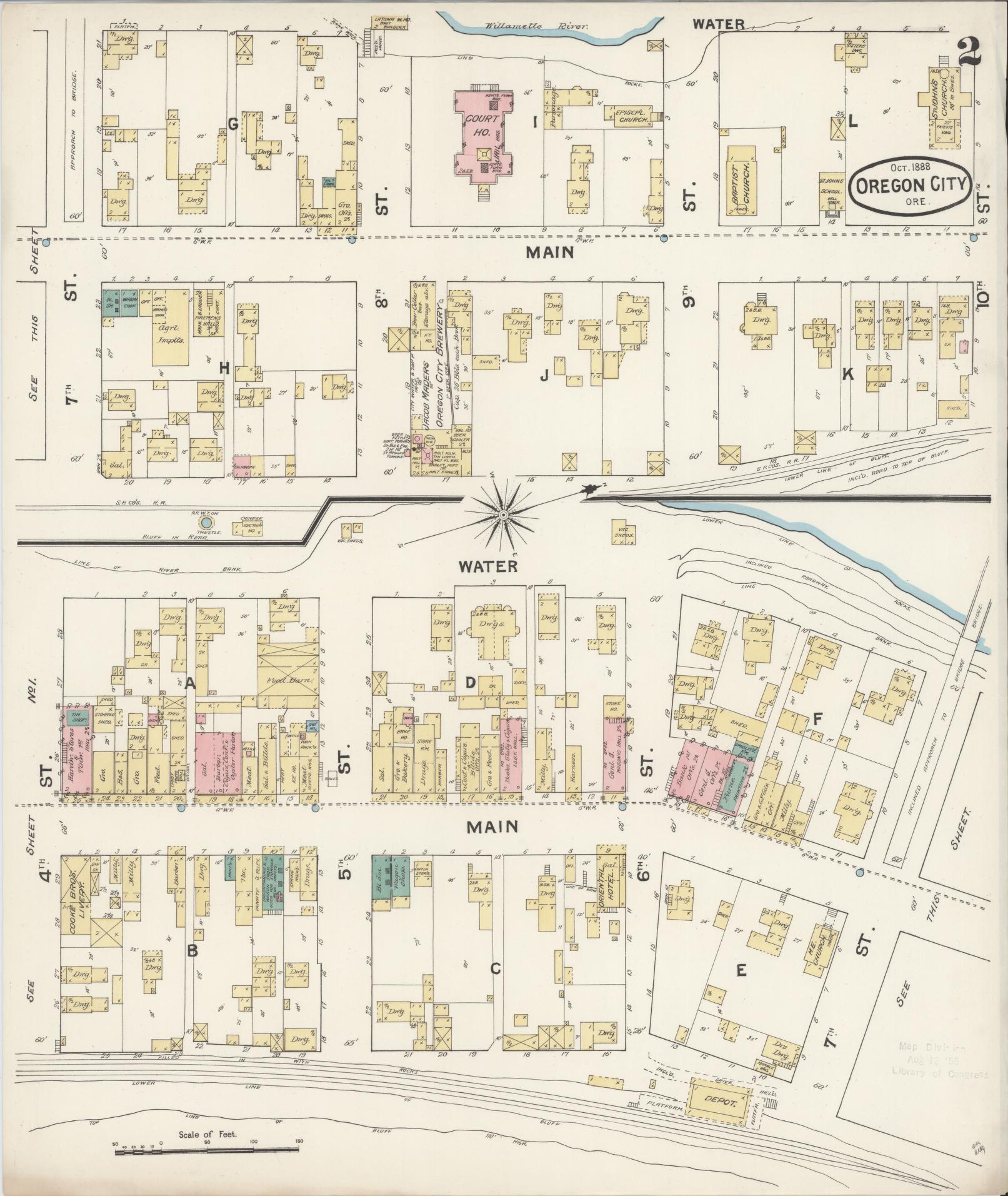 Sanborn Fire Insurance Map from Oregon City, Clackamas County, Oregon (1888), Sheet #0002 - Historic Sanborn Fire Insurance Map Print, vintage old map wall art, antique decor, genealogy gift, Oregon Oregon map