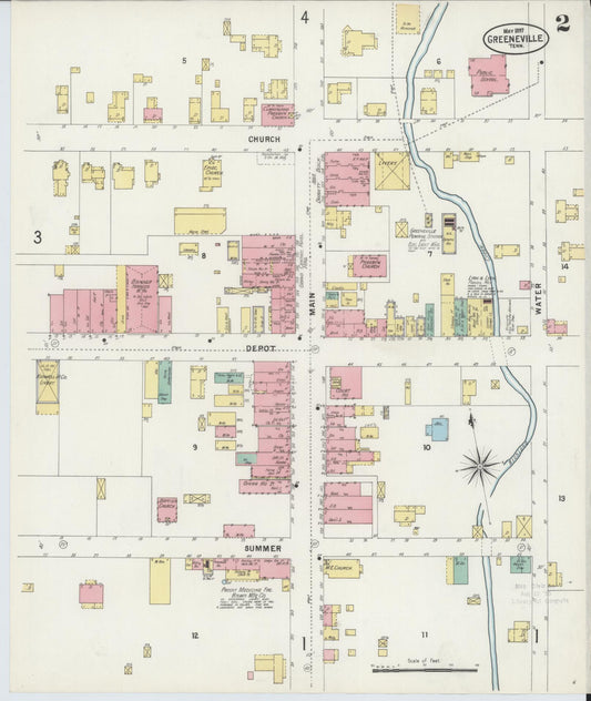 Sanborn Fire Insurance Map from Greeneville, Greene County, Tennessee (1897), Sheet #0002 - Historic Sanborn Fire Insurance Map Print, vintage old map wall art, antique decor, genealogy gift, Tennessee Tennessee map