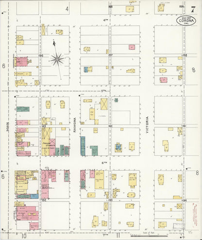 Sanborn Fire Insurance Map from Corona, Riverside County, California (1907), Sheet #0007 - Complete Map Set gallery image, historic Sanborn map, vintage wall art, California California