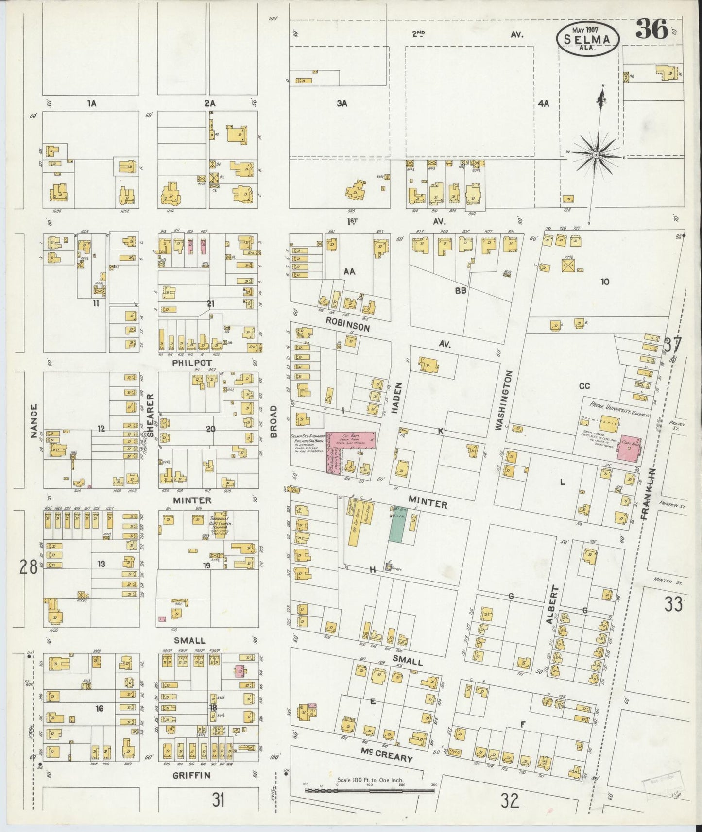 Sanborn Fire Insurance Map from Selma, Dallas County, Alabama (1907), Sheet #0036 - Historic Sanborn Fire Insurance Map Print, vintage old map wall art, antique decor, genealogy gift, Alabama Alabama map
