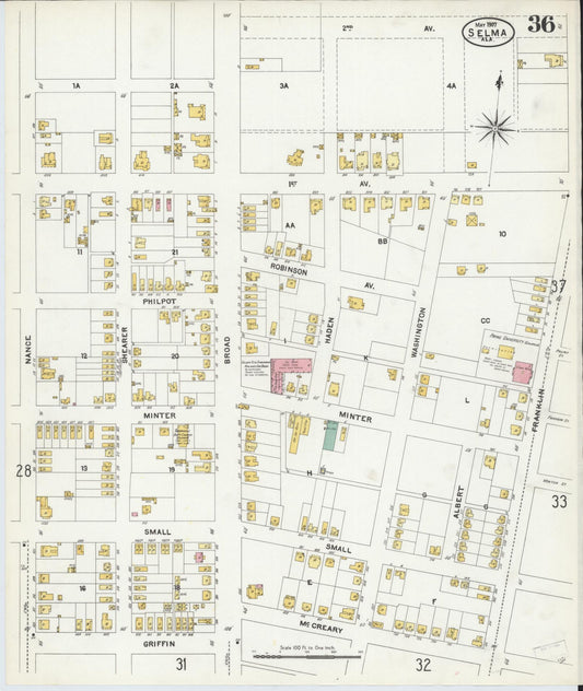 Sanborn Fire Insurance Map from Selma, Dallas County, Alabama (1907), Sheet #0036 - Historic Sanborn Fire Insurance Map Print, vintage old map wall art, antique decor, genealogy gift, Alabama Alabama map