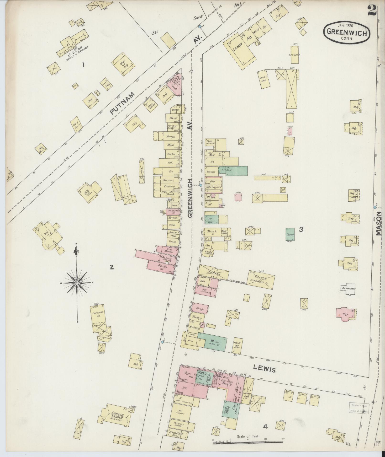 Sanborn Fire Insurance Map from Greenwich, Fairfield County, Connecticut (1891), Sheet #0002 - Complete Map Set gallery image, historic Sanborn map, vintage wall art, Connecticut Connecticut