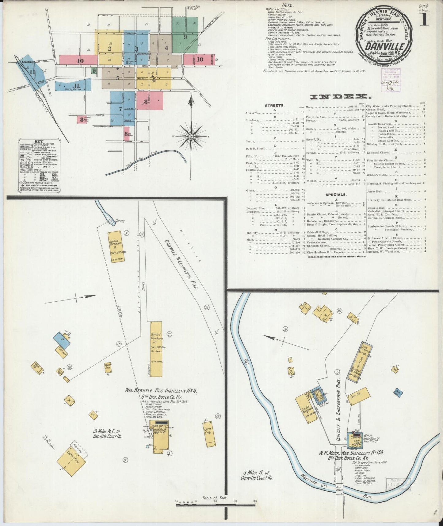 Sanborn Fire Insurance Map from Danville, Boyle County, Kentucky (1901), Sheet #0001 - Historic Sanborn Fire Insurance Map Print, vintage old map wall art, antique decor, genealogy gift, Kentucky Kentucky map