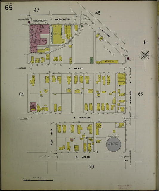 Sanborn Fire Insurance Map from Jackson, Jackson County, Michigan (1907), Sheet #0065 - Historic Sanborn Fire Insurance Map Print, vintage old map wall art, antique decor, genealogy gift, Michigan Michigan map
