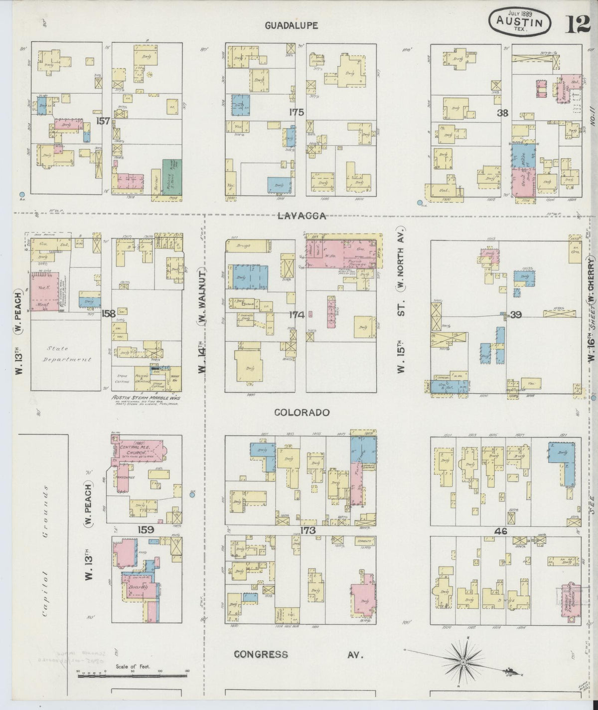 Sanborn Fire Insurance Map from Austin, Travis County, Texas (1889), Sheet #0012 - Complete Map Set gallery image, historic Sanborn map, vintage wall art, Texas Texas