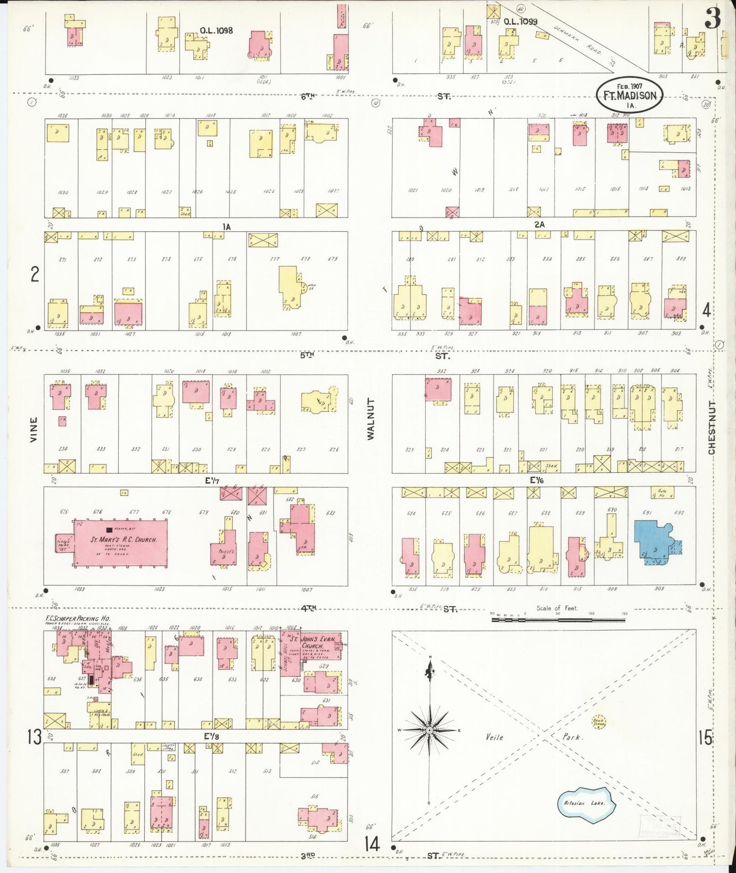 Sanborn Fire Insurance Map from Fort Madison, Lee County, Iowa (1907), Sheet #0003 - Historic Sanborn Fire Insurance Map Print, vintage old map wall art