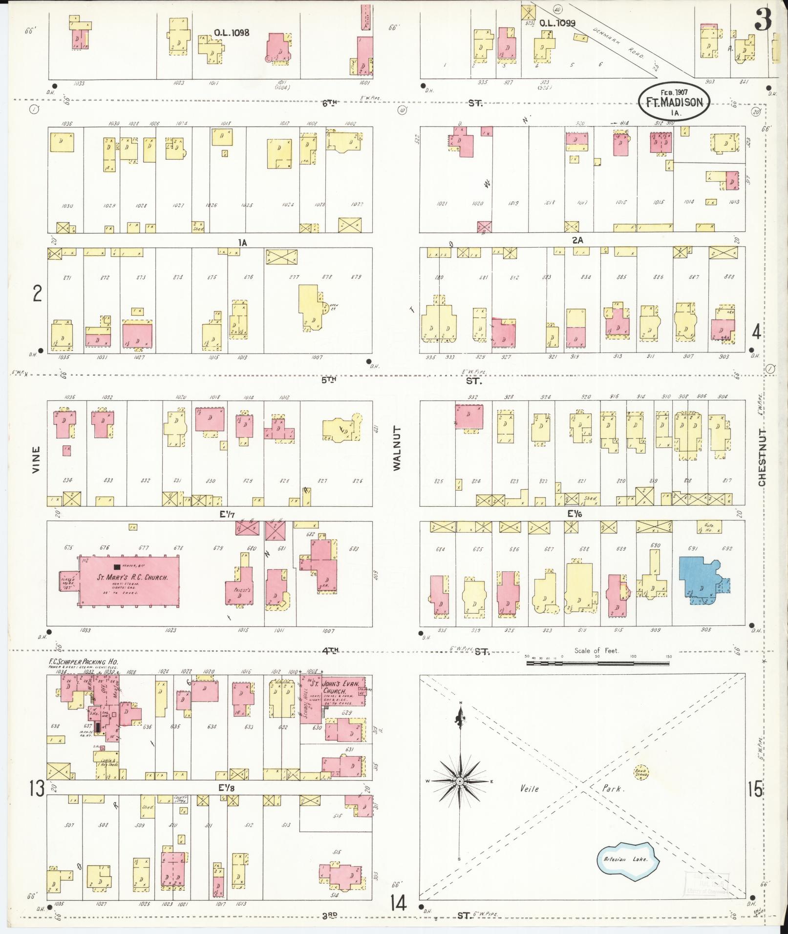 Sanborn Fire Insurance Map from Fort Madison, Lee County, Iowa (1907), Sheet #0003 - Historic Sanborn Fire Insurance Map Print, vintage old map wall art