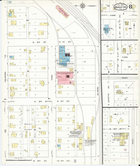 Sanborn Fire Insurance Map from Manhattan, Riley County, Kansas (1912), Sheet #0008 - Historic Sanborn Fire Insurance Map Print, vintage old map wall art, antique decor, genealogy gift, Kansas Kansas map