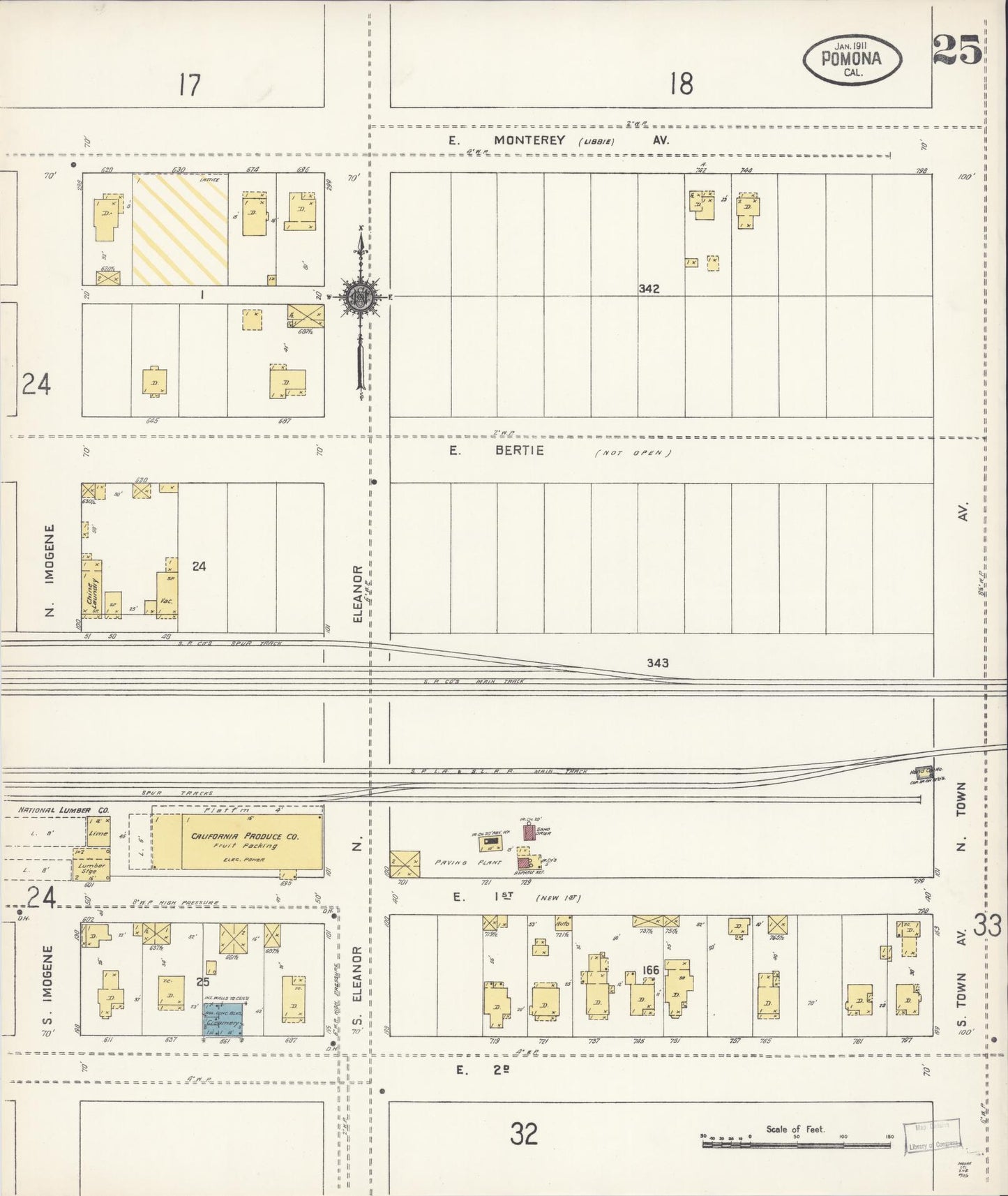 Sanborn Fire Insurance Map from Pomona, Los Angeles County, California (1911), Sheet #0025 - Complete Map Set gallery image, historic Sanborn map, vintage wall art, California California