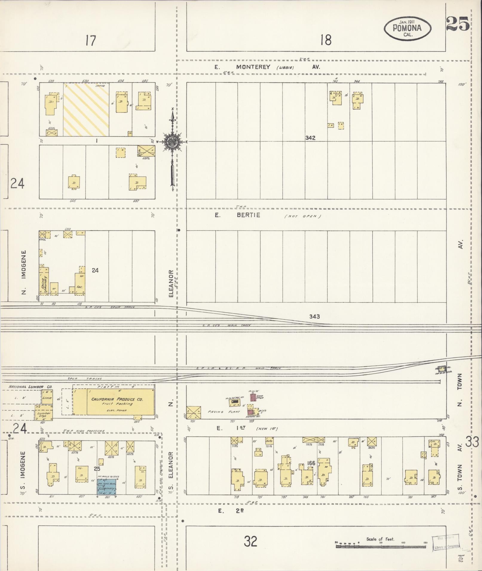 Sanborn Fire Insurance Map from Pomona, Los Angeles County, California (1911), Sheet #0025 - Complete Map Set gallery image, historic Sanborn map, vintage wall art, California California