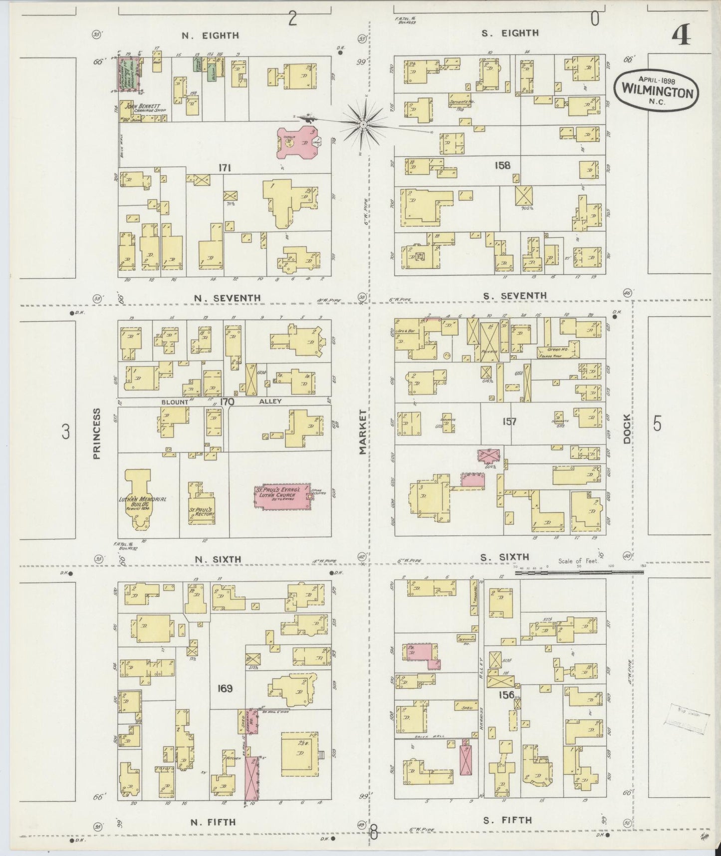 Sanborn Fire Insurance Map from Wilmington, New Hanover County, North Carolina (1898), Sheet #0004 - Historic Sanborn Fire Insurance Map Print, vintage old map wall art, antique decor, genealogy gift, North Carolina North Carolina map