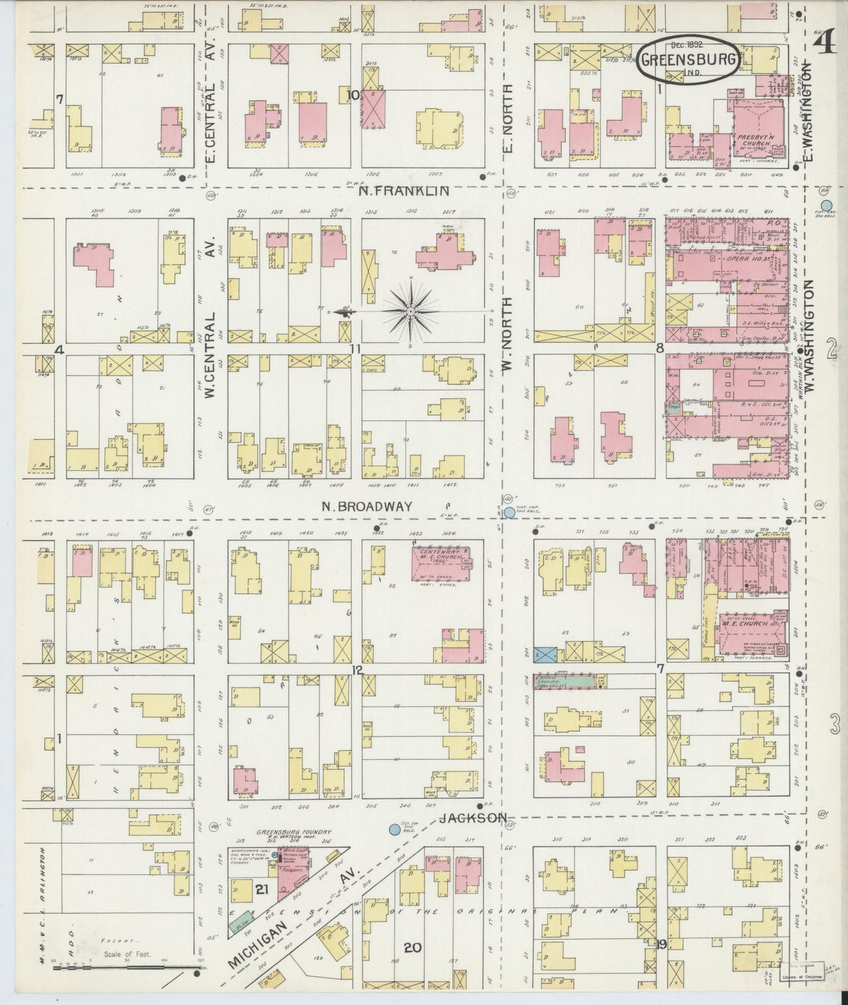 Sanborn Fire Insurance Map from Greensburg, Decatur County, Indiana (1897), Sheet #0004 - Historic Sanborn Fire Insurance Map Print, vintage old map wall art, antique decor, genealogy gift, Indiana Indiana map