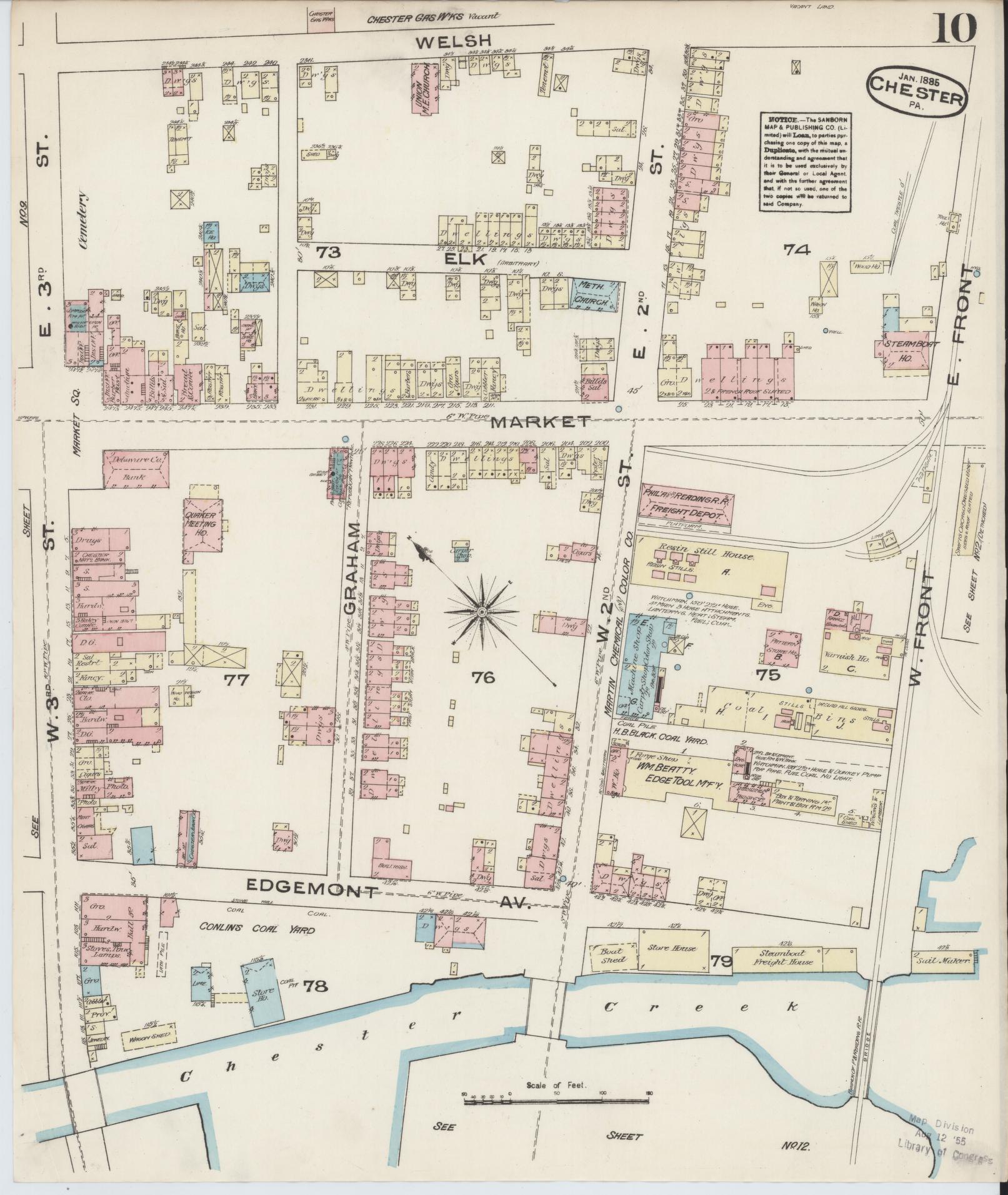 Sanborn Fire Insurance Map from Chester, Delaware County, Pennsylvania (1885), Sheet #0010 - Historic Sanborn Fire Insurance Map Print, vintage old map wall art, antique decor, genealogy gift, Pennsylvania Pennsylvania map