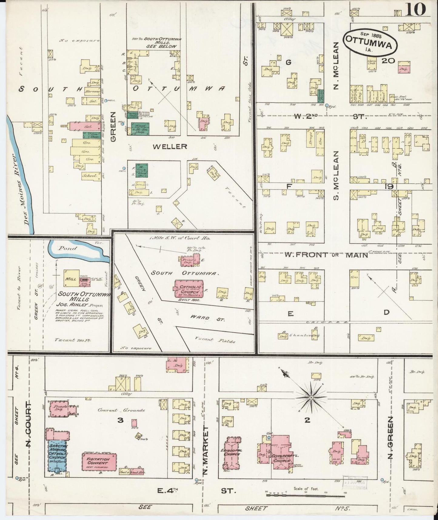 Sanborn Fire Insurance Map from Ottumwa, Wapello County, Iowa (1885), Sheet #0010 - Historic Sanborn Fire Insurance Map Print, vintage old map wall art