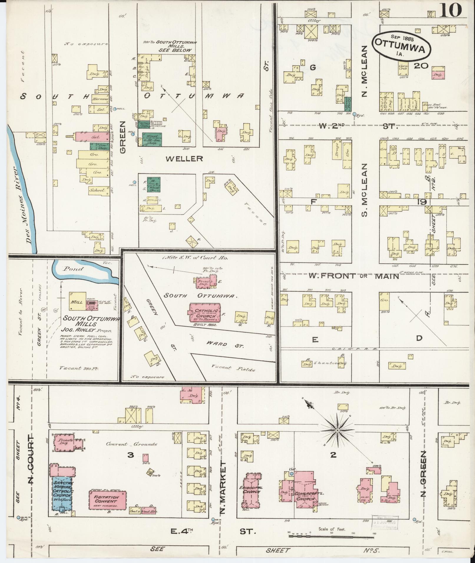 Sanborn Fire Insurance Map from Ottumwa, Wapello County, Iowa (1885), Sheet #0010 - Historic Sanborn Fire Insurance Map Print, vintage old map wall art
