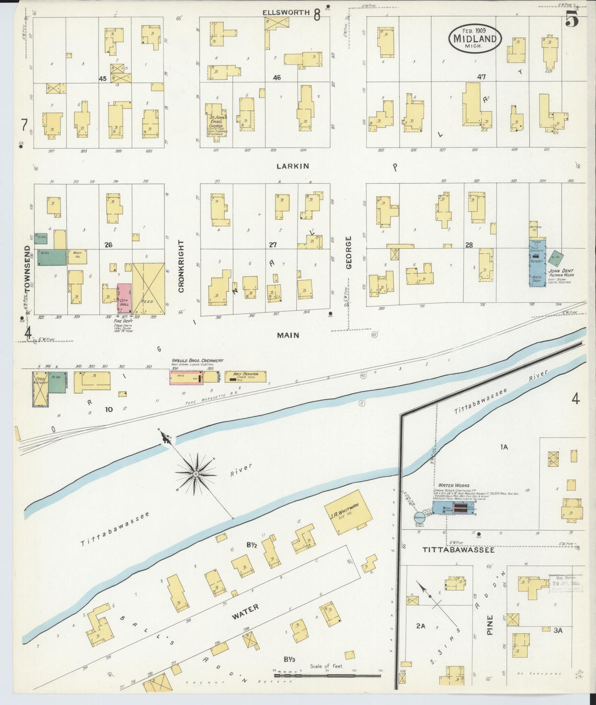 Sanborn Fire Insurance Map from Midland, Midland County, Michigan (1909), Sheet #0005 - Historic Sanborn Fire Insurance Map Print, vintage old map wall art, antique decor, genealogy gift, Michigan Michigan map
