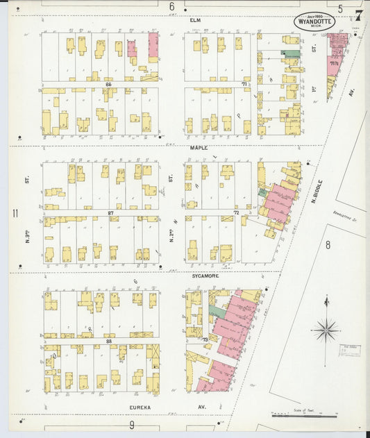 Sanborn Fire Insurance Map from Wyandotte, Wayne County, Michigan (1900), Sheet #0007 - Historic Sanborn Fire Insurance Map Print, vintage old map wall art, antique decor, genealogy gift, Michigan Michigan map