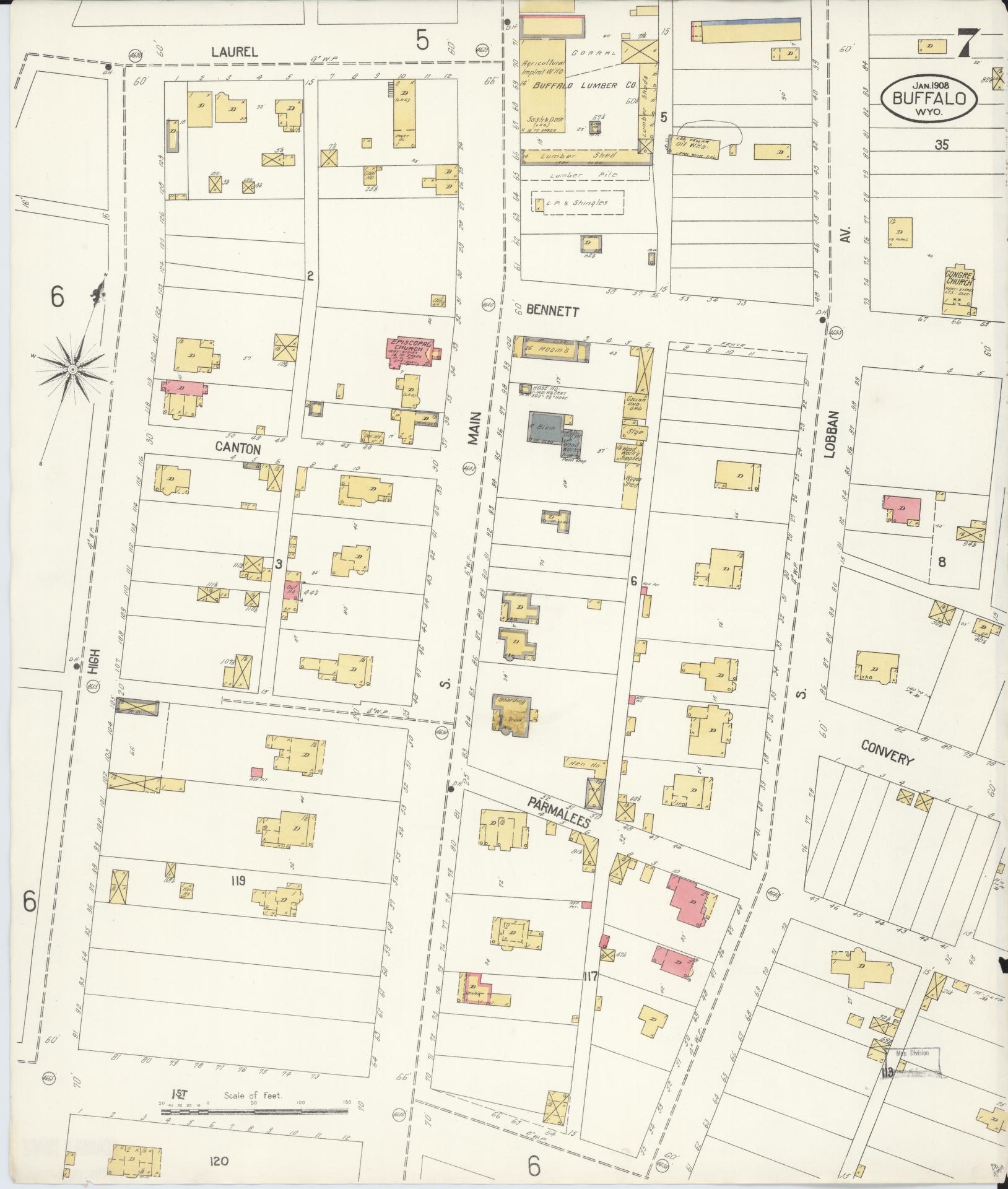Sanborn Fire Insurance Map from Buffalo, Johnson County, Wyoming (1908), Sheet #0007 - Complete Map Set gallery image, historic Sanborn map, vintage wall art, Wyoming Wyoming