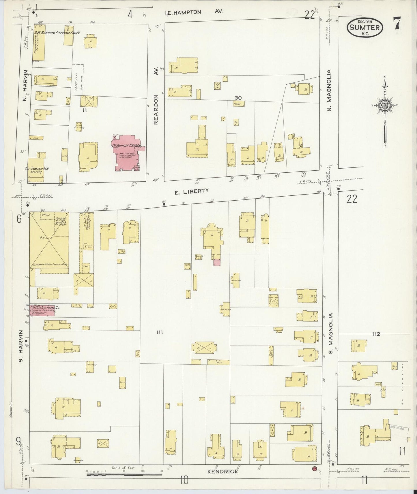 Sanborn Fire Insurance Map from Sumter, Sumter County, South Carolina (1915), Sheet #0007 - Historic Sanborn Fire Insurance Map Print, vintage old map wall art, antique decor, genealogy gift, South Carolina South Carolina map