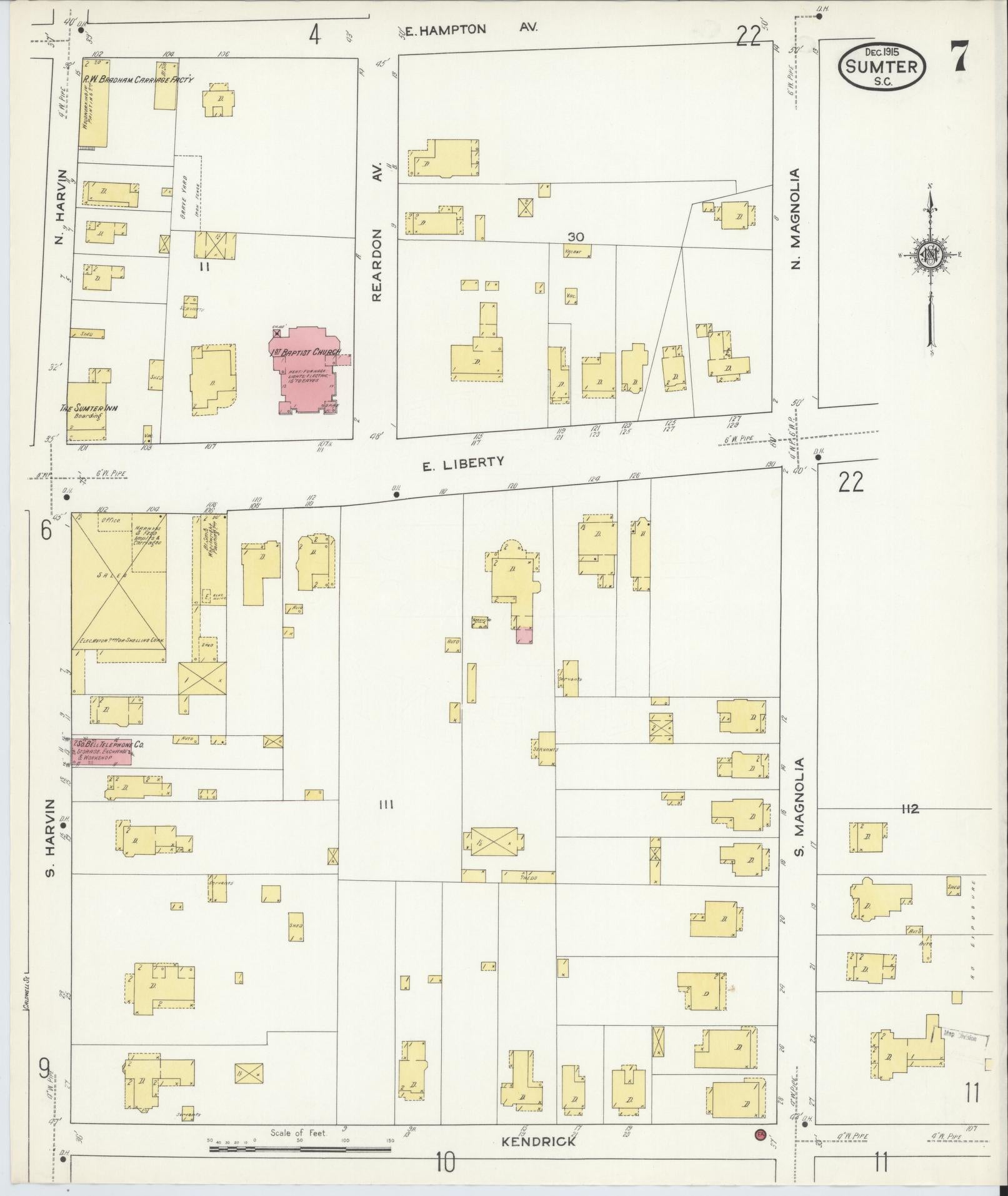 Sanborn Fire Insurance Map from Sumter, Sumter County, South Carolina (1915), Sheet #0007 - Historic Sanborn Fire Insurance Map Print, vintage old map wall art, antique decor, genealogy gift, South Carolina South Carolina map