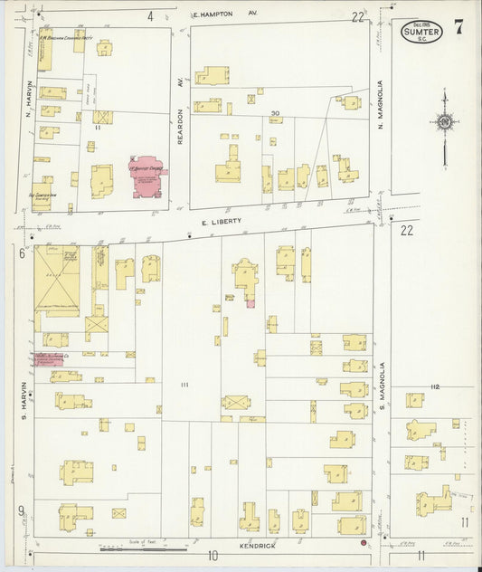 Sanborn Fire Insurance Map from Sumter, Sumter County, South Carolina (1915), Sheet #0007 - Historic Sanborn Fire Insurance Map Print, vintage old map wall art, antique decor, genealogy gift, South Carolina South Carolina map