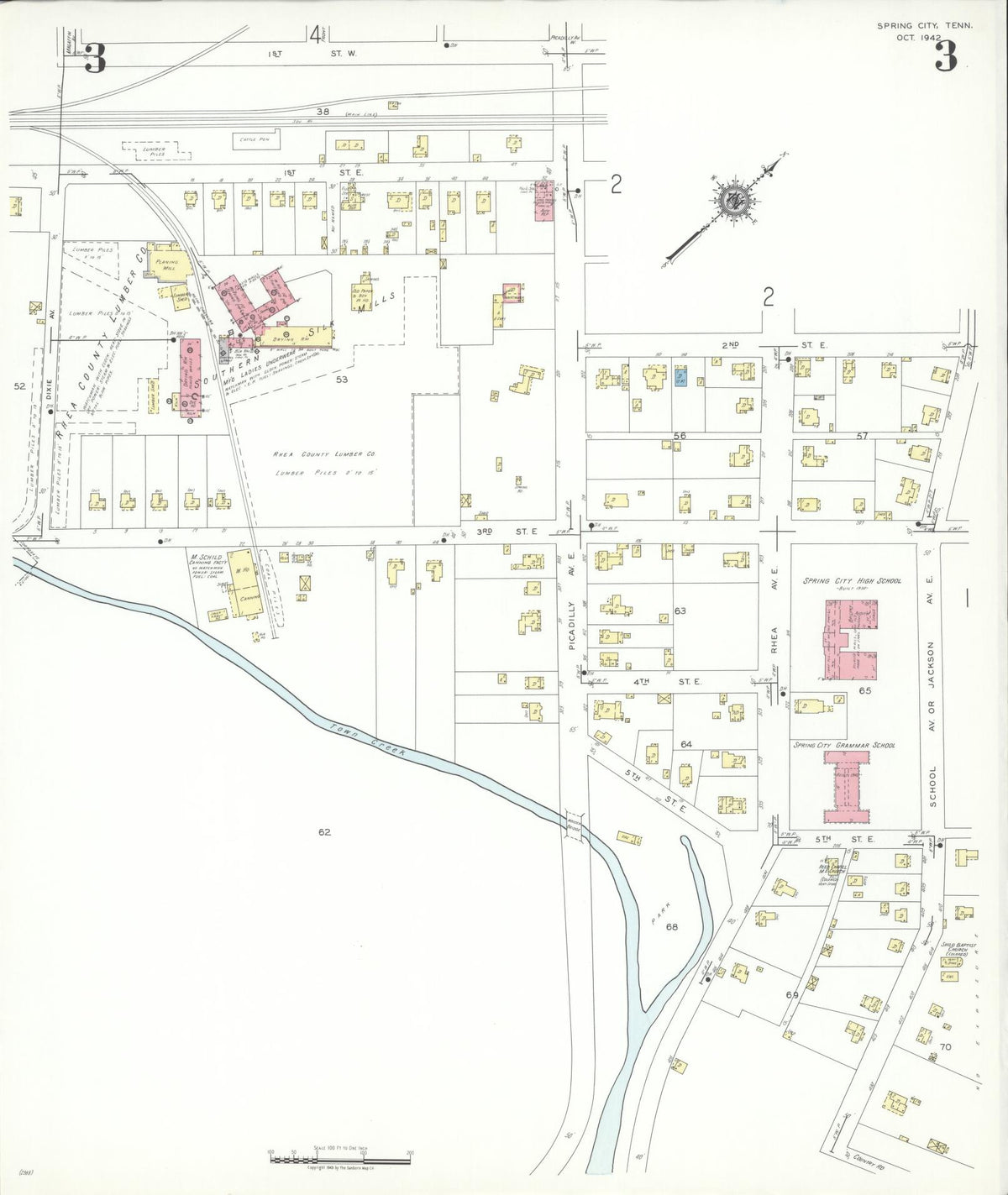Sanborn Fire Insurance Map from Spring City, Rhea County, Tennessee (1942), Sheet #0003 - Complete Map Set gallery image, historic Sanborn map, vintage wall art, Tennessee Tennessee