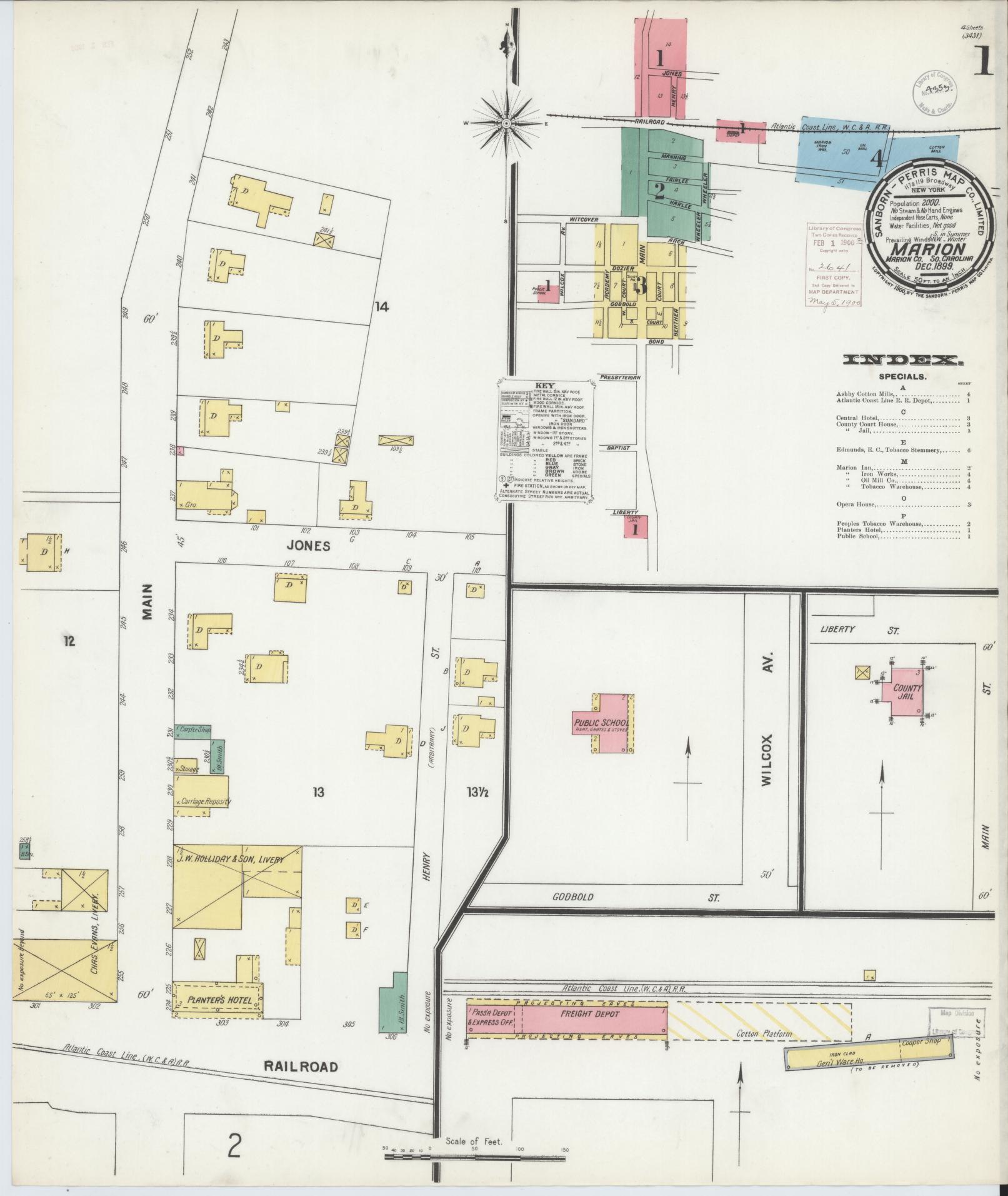 Sanborn Fire Insurance Map from Marion, Marion County, South Carolina (1899), Sheet #0001 - Historic Sanborn Fire Insurance Map Print, vintage old map wall art, antique decor, genealogy gift, South Carolina South Carolina map