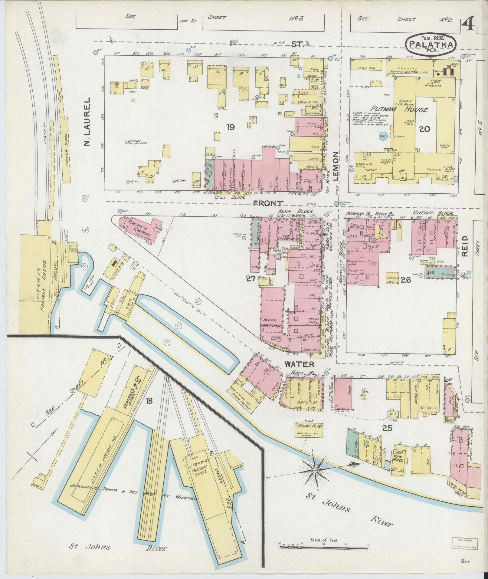 Sanborn Fire Insurance Map from Palatka, Putnam County, Florida (1892), Sheet #0004 - Complete Map Set gallery image, historic Sanborn map, vintage wall art, Florida Florida