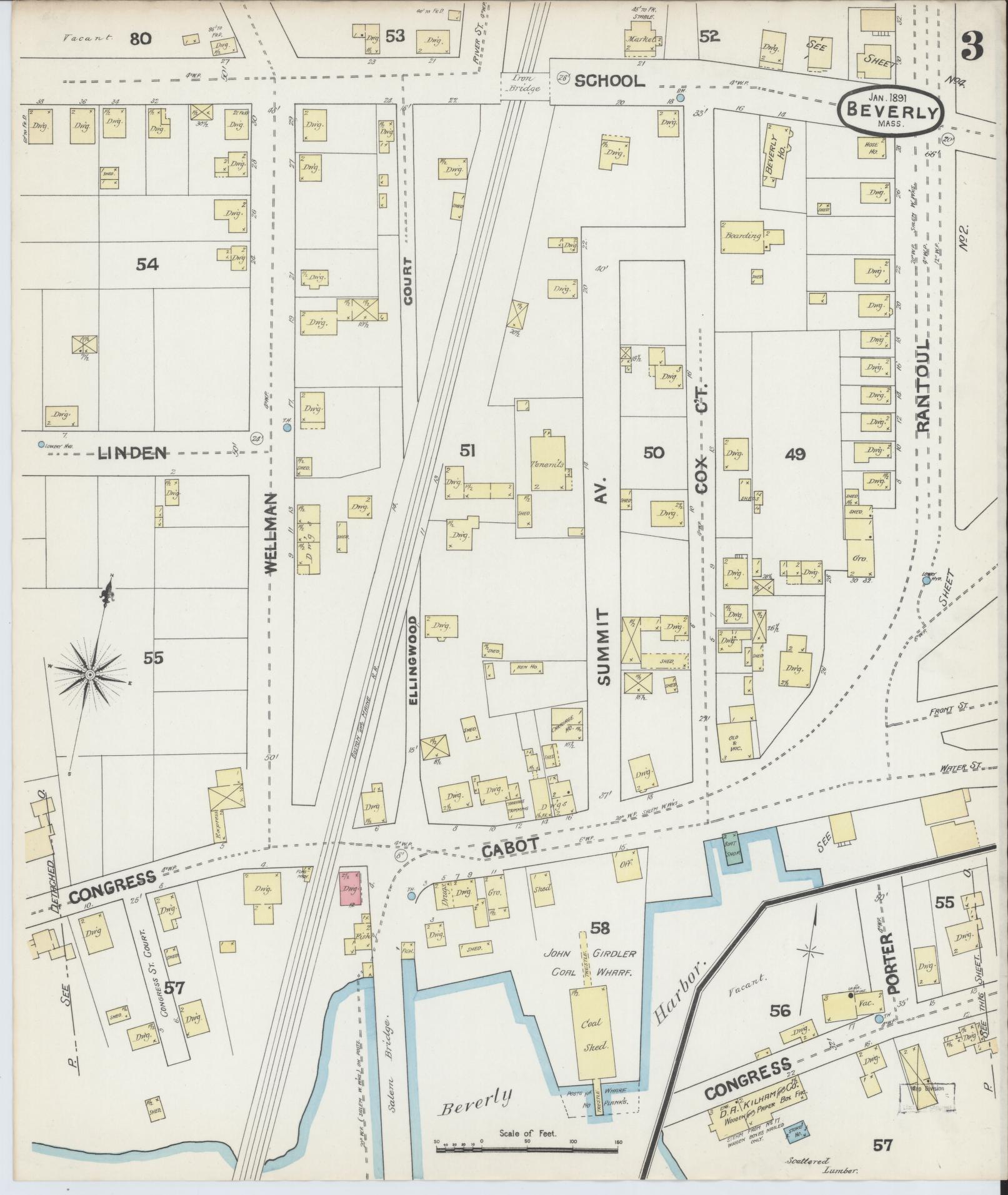 Sanborn Fire Insurance Map from Beverly, Essex County, Massachusetts (1891), Sheet #0003 - Historic Sanborn Fire Insurance Map Print, vintage old map wall art, antique decor, genealogy gift, Massachusetts Massachusetts map