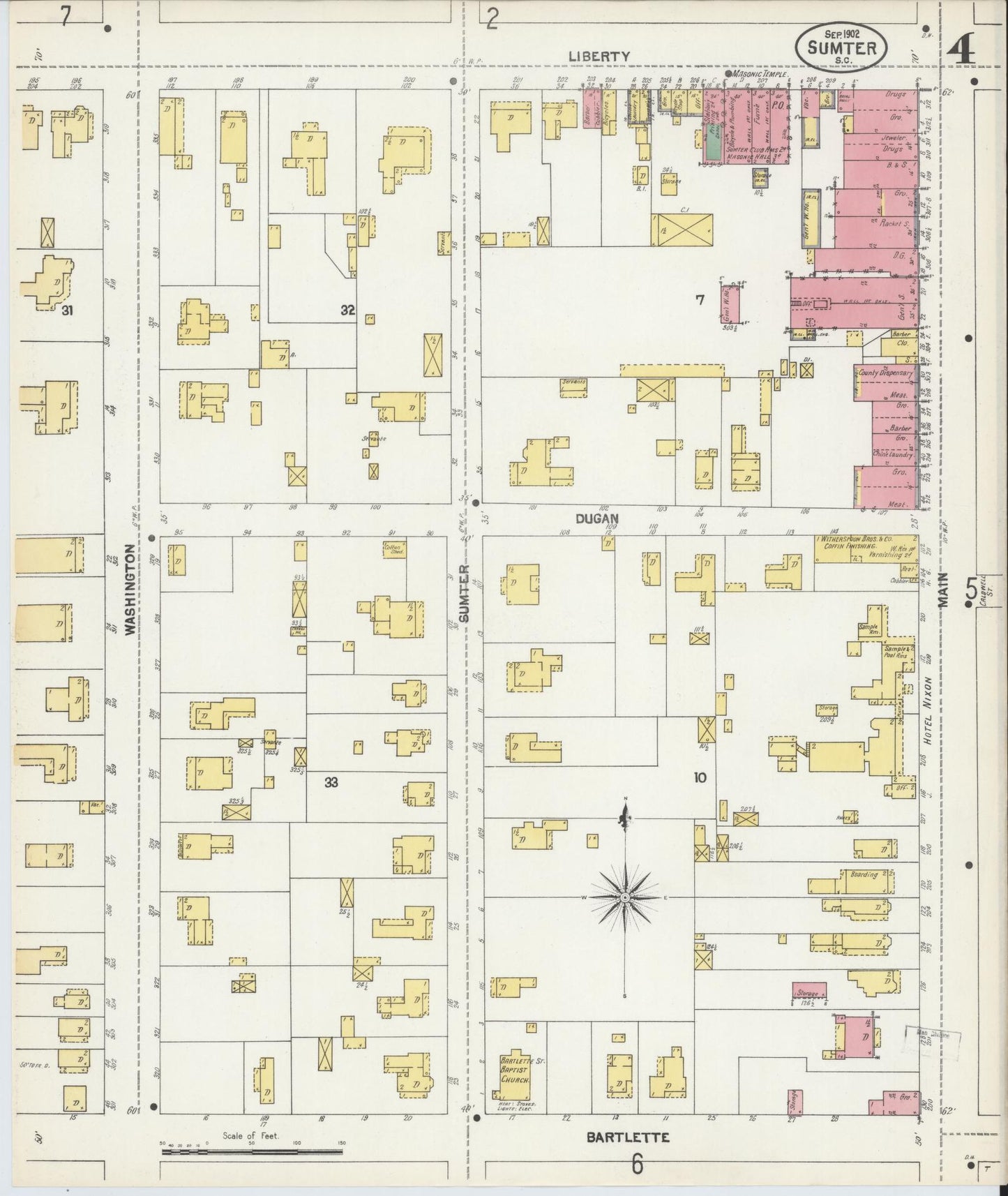 Sanborn Fire Insurance Map from Sumter, Sumter County, South Carolina (1902), Sheet #0004 - Historic Sanborn Fire Insurance Map Print, vintage old map wall art, antique decor, genealogy gift, South Carolina South Carolina map