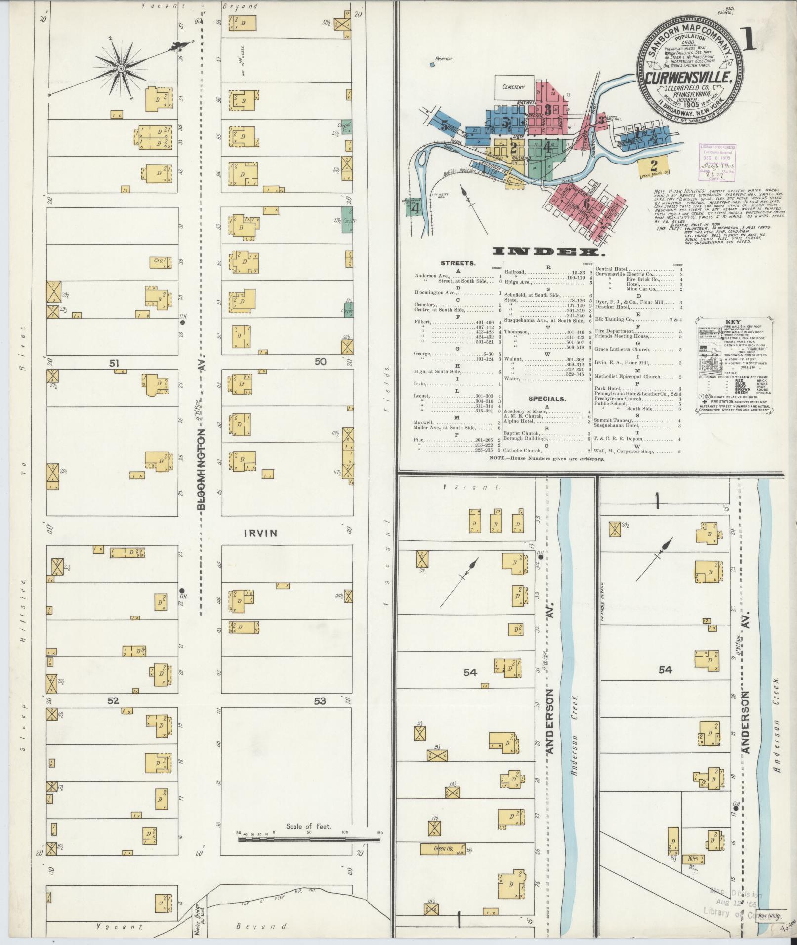 Sanborn Fire Insurance Map from Curwensville, Clearfield County, Pennsylvania (1905), Sheet #0001 - Historic Sanborn Fire Insurance Map Print, vintage old map wall art, antique decor, genealogy gift, Pennsylvania Pennsylvania map